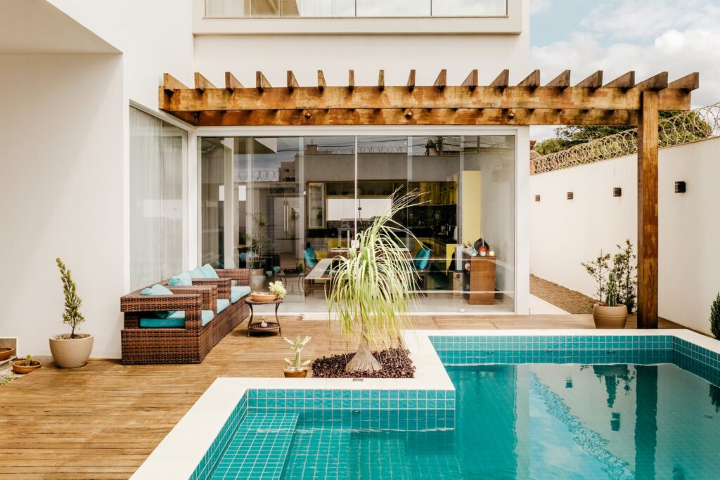 Luxury outdoor furniture by pool in luxury house